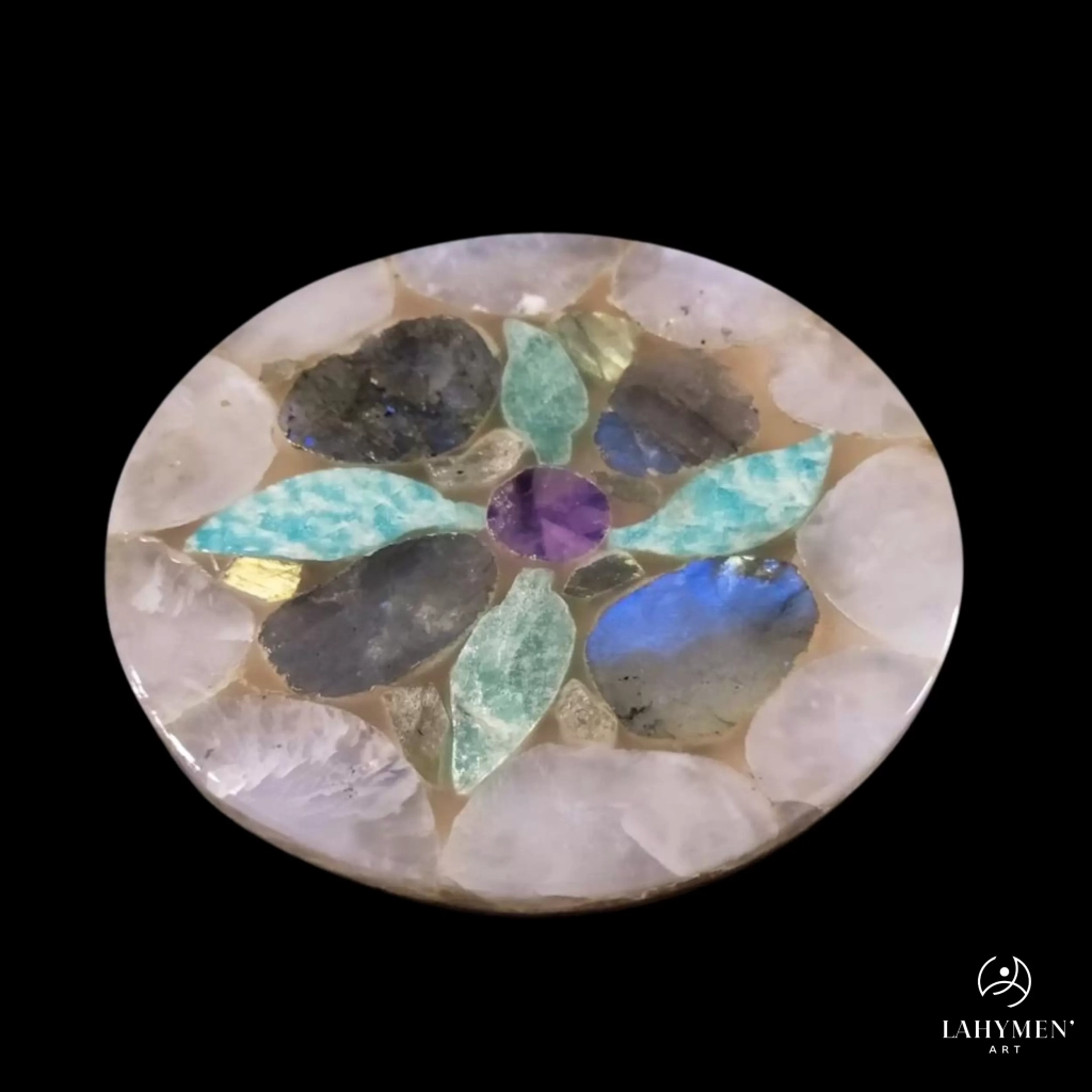 Sous verre patchwork labradorite, quartz rose, amethyste