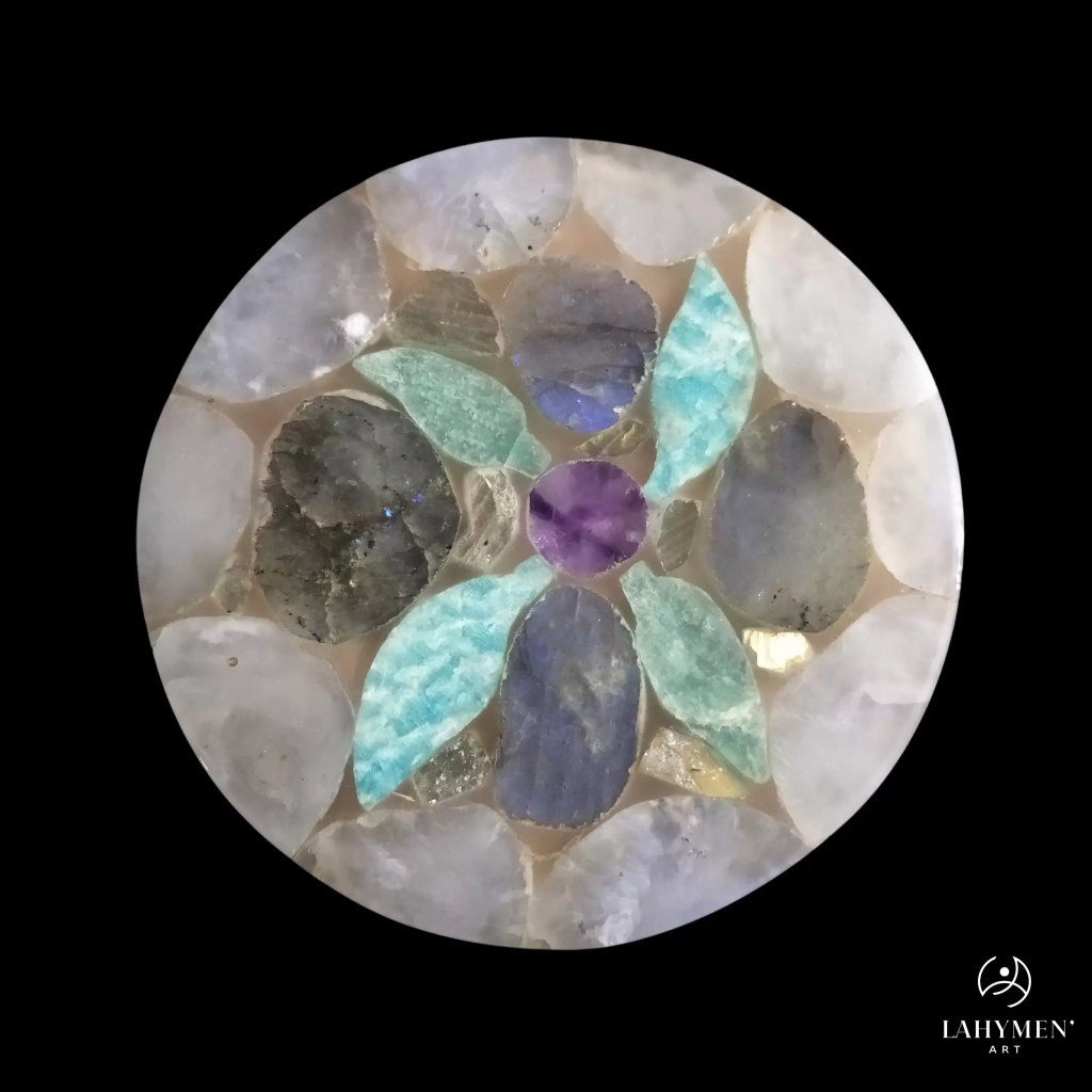 Sous verre patchwork labradorite, quartz rose, amethyste